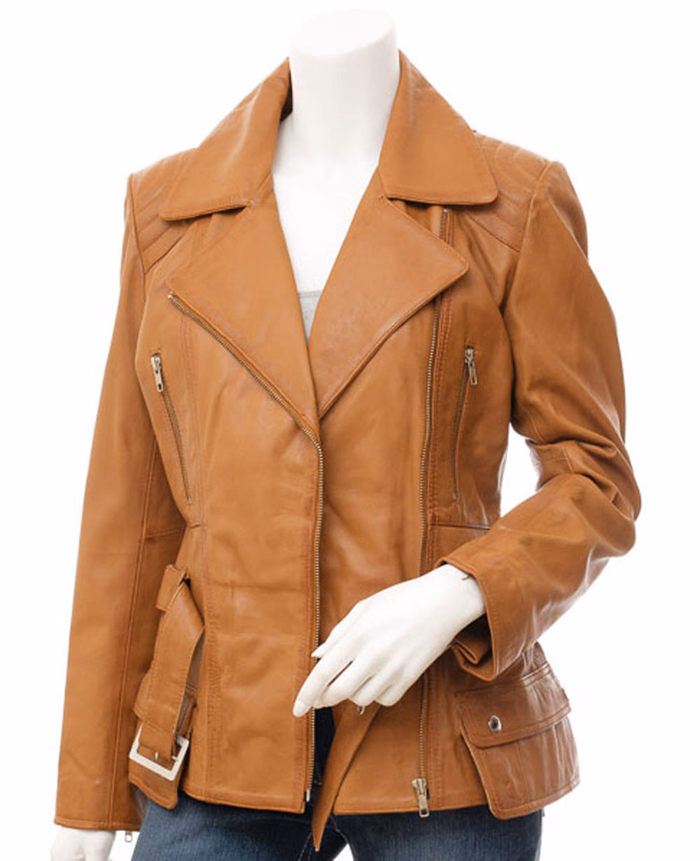 Cognac Longline Women’s Leather Jackets, manufactured by Alayki International, custom leather jacket