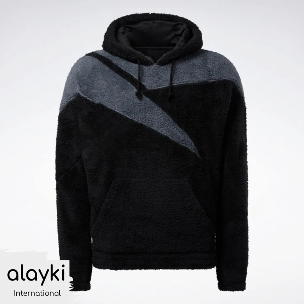 active-wear-gym-hoodie-women-AWHD001-1024x1024 Alayki Black and Grey Sherpa-Look Pullover Hoodie for Women | Diagonal Colour-Block Brushed Knit Look AWHD001 - Image 1