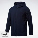 Alayki Navy Blue Full-Zip Hooded Jacket for Men | Drawstring Hood Lightweight Woven Finish AMJC003