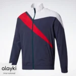 Alayki Navy Blue Full-Zip Track Jacket for Men | Red and White Diagonal Stripe Lightweight Woven Finish AMJC004