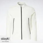 Alayki White Full-Zip Moto Jacket for Men | Zip Pockets and Sleeve Pocket Smooth Stretch Finish AMJC006