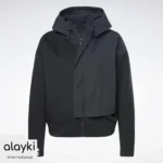 Alayki Charcoal Grey Full-Zip Hooded Jacket for Women | Layered Front Panel Brushed Knit Look AWJC005