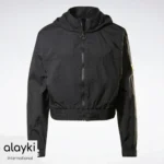 Alayki Black Cropped Hooded Jacket for Women | Drawstring Hood Crinkled Woven Finish AWJC006
