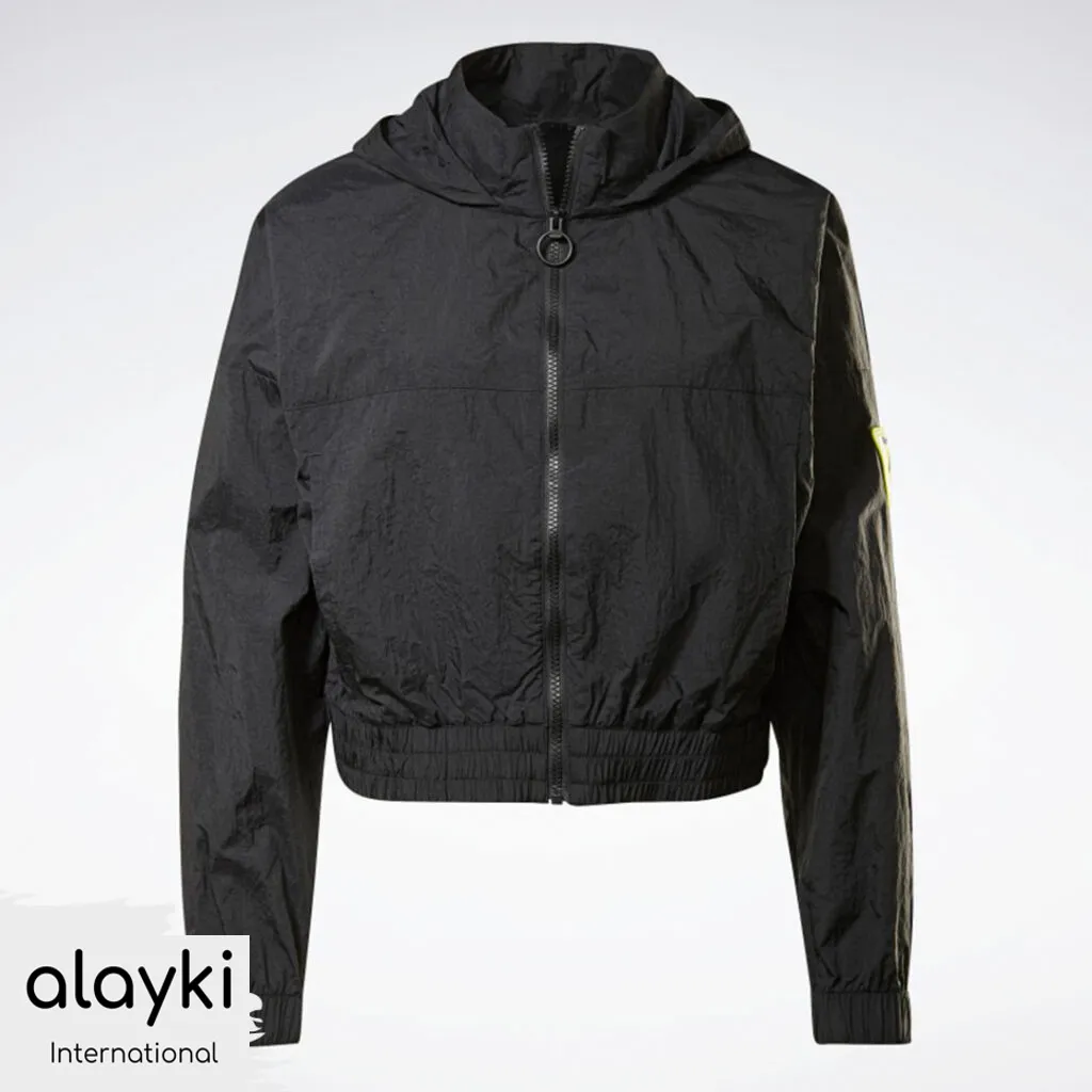 active-wear-gym-jacket-women-AWJC006-1024x1024 Alayki Black Cropped Hooded Jacket for Women | Drawstring Hood Crinkled Woven Finish AWJC006 - Image 1