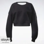 Alayki Black Cropped Sweatshirt for Women | Cutout Back Strap Brushed Knit Look AWSS005