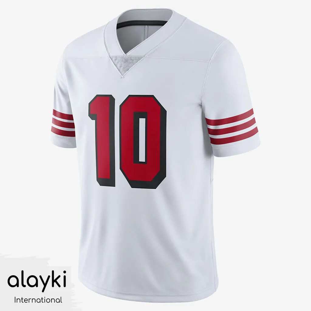 american-football-uniform-jersey-SMAF111-1024x1024 Alayki White American Football Jersey for Men | Red Striped Sleeve Cuffs Smooth Stretch Finish SMAF111 - Image 1