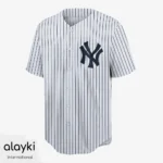 Alayki White Pinstripe Button-Front Baseball Jersey for Men | Interlocking Letter Emblem Smooth Stretch Finish SMBE104