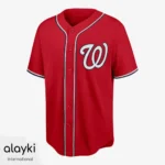 Alayki Red Button-Front Baseball Jersey for Men | Script Chest Wordmark Smooth Stretch Finish SMBE106