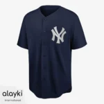 Alayki Navy Blue Button-Front Baseball Jersey for Men | Interlocking Letter Chest Emblem Smooth Stretch Finish SMBE107