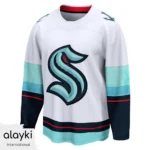 Alayki White and Teal Ice Hockey Jersey for Men | Navy Sleeve Panels Mesh-Panel Finish SMIH111