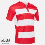 Alayki Red and White Hooped Rugby Jersey for Men | Striped Body V-Neck Placket Smooth Stretch Finish SMRB116