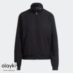 Alayki Black Full-Zip Tennis Jacket with Ribbed Trim for Women | Stand Collar Smooth Stretch Finish SWTN201